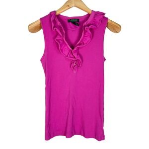 Lauren Ralph Lauren Y2K Tank Top Ribbed Ruffle Hot Pink Women's Small Preppy